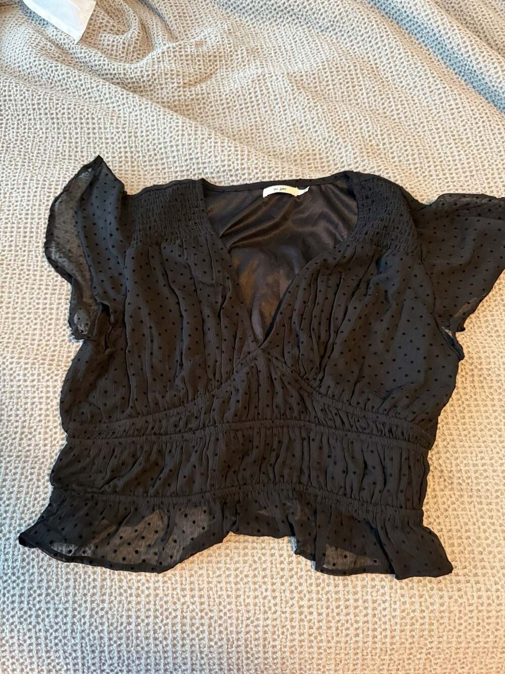 Mi Ami Polka Dot Crop Blouse Size L Black Swiss Dot Flutter Sleeve